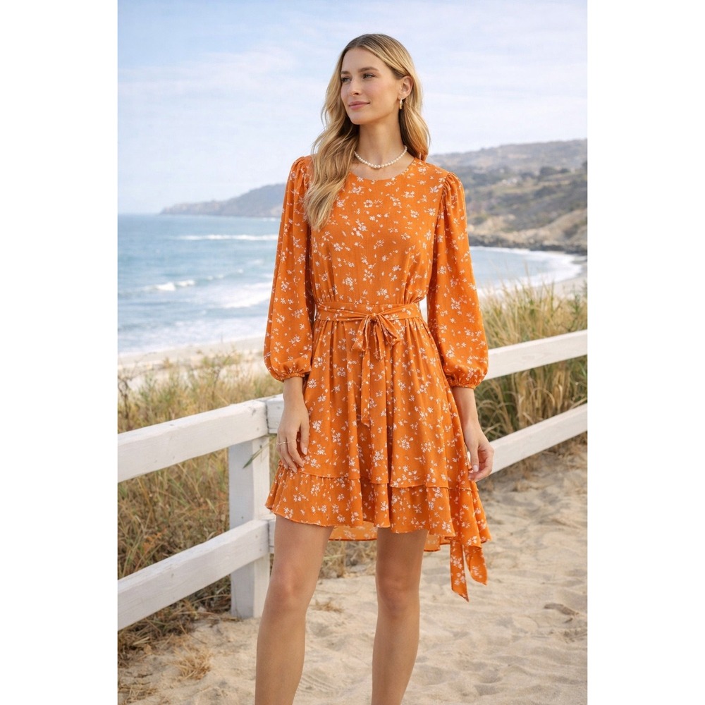 Ever After‎ Orange Floral Tiered Mini Dress Tie Waist 3/4 Sleeve Small boho